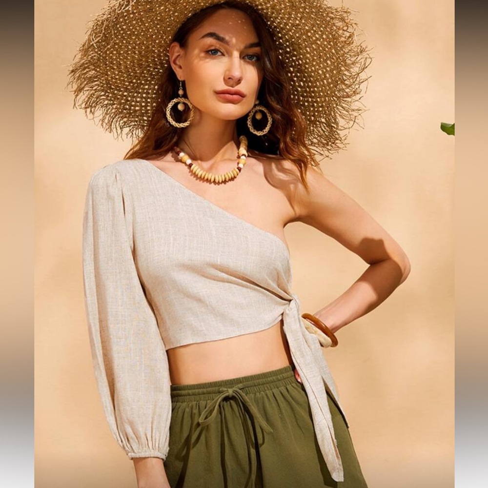 One-Shoulder Beige Linen Crop Top